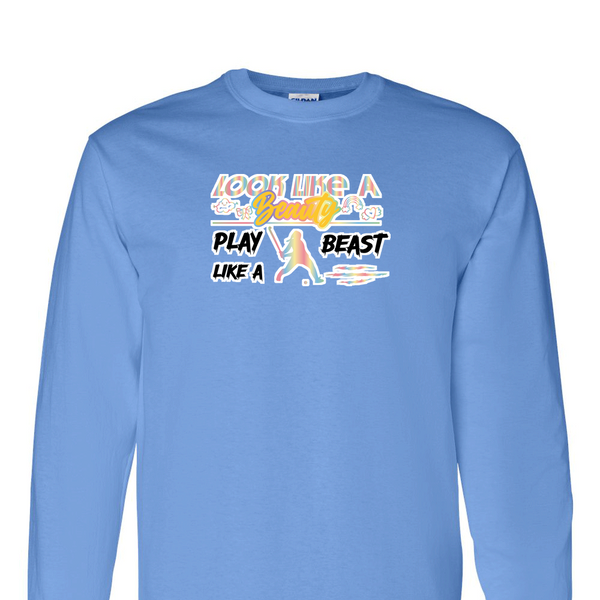 [[color:Carolina Blue]] Look Like A Beauty Play Like A Beast Field Hockey Long Sleeve T-shirt Carolina Blue