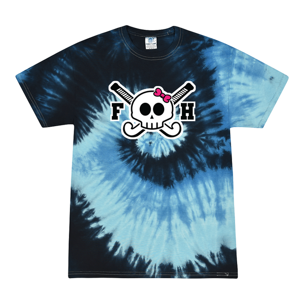 [[color:Blue Ocean]] Field Hockey Skull With Bow Tie Dye T-shirt Blue Ocean