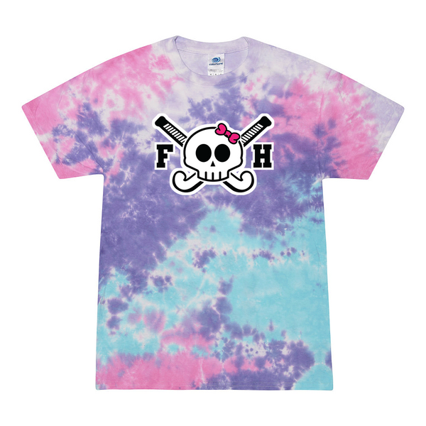 [[color:Cotton Candy]] Field Hockey Skull With Bow Tie Dye T-shirt Cotton Candy