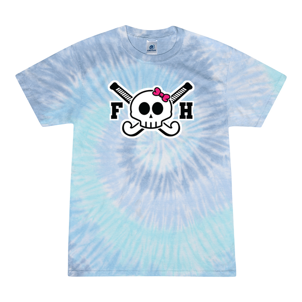 [[color:Lagoon]] Field Hockey Skull With Bow Tie Dye T-shirt Lagoon