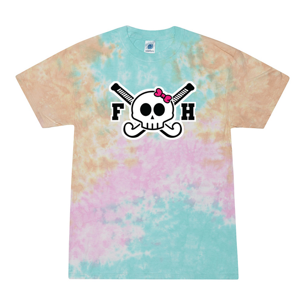 [[color:Snow Cone]] Field Hockey Skull With Bow Tie Dye T-shirt Snow Cone
