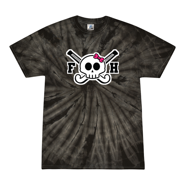[[color:Spider Black]] Field Hockey Skull With Bow Tie Dye T-shirt Spider Black