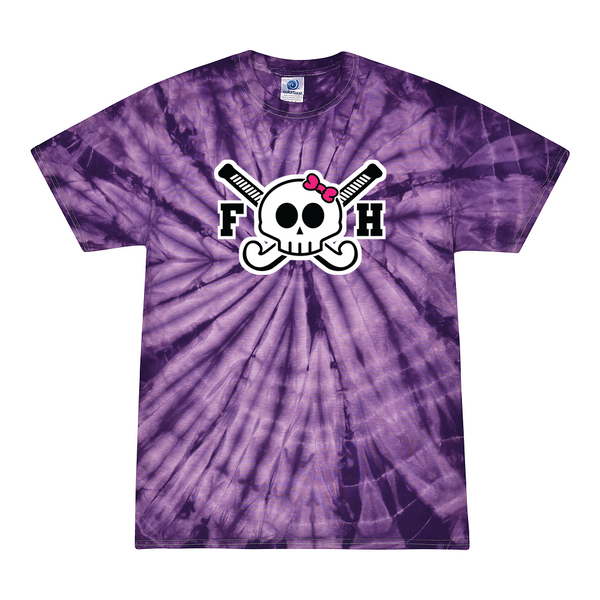 [[color:Spider Purple]] Field Hockey Skull With Bow Tie Dye T-shirt Spider Purple