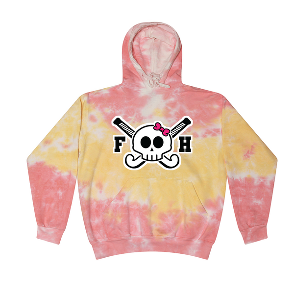 [[color:Funnel Cake]] Field Hockey Skull With Bow Tie Dye Hoodie Funnel Cake