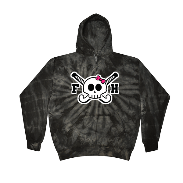 [[color:Spider Black]] Field Hockey Skull With Bow Tie Dye Hoodie Spider Black