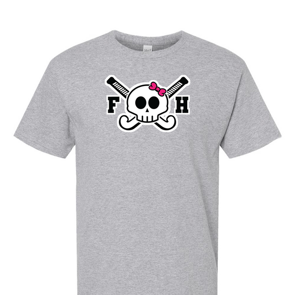 [[color:Sport Grey]] Field Hockey Skull With Bow Short Sleeve T-shirt Sport Grey