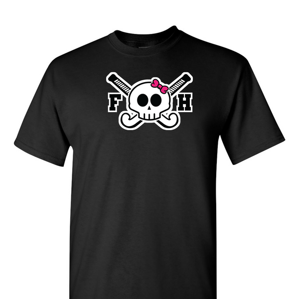 [[color:Black]] Field Hockey Skull With Bow Short Sleeve T-shirt Black