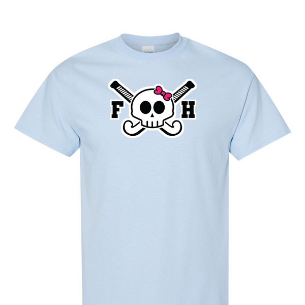[[color:Light Blue]] Field Hockey Skull With Bow Short Sleeve T-shirt Light Blue