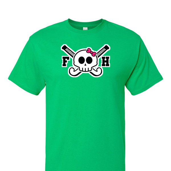 [[color:Irish Green]] Field Hockey Skull With Bow Short Sleeve T-shirt Irish Green