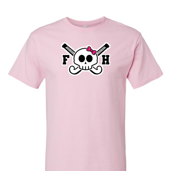 [[color:Light Pink]] Field Hockey Skull With Bow Short Sleeve T-shirt Light Pink