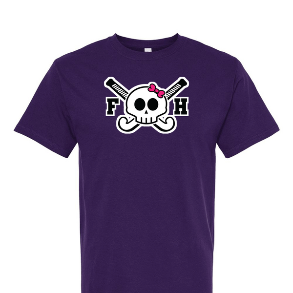 [[color:Purple]] Field Hockey Skull With Bow Short Sleeve T-shirt Purple
