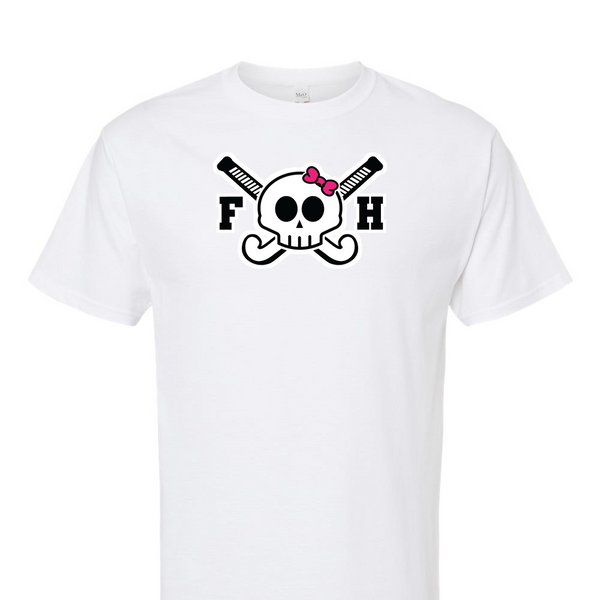 [[color:White]] Field Hockey Skull With Bow Short Sleeve T-shirt White