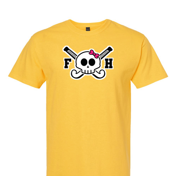 [[color:Daisy]] Field Hockey Skull With Bow Short Sleeve T-shirt Daisy
