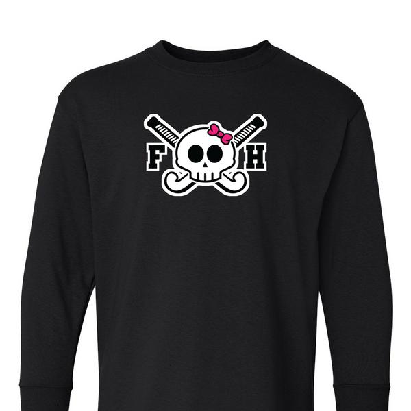 [[color:Black]] Field Hockey Skull With Bow Long Sleeve T-shirt Black