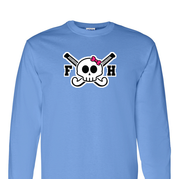 [[color:Carolina Blue]] Field Hockey Skull With Bow Long Sleeve T-shirt Carolina Blue