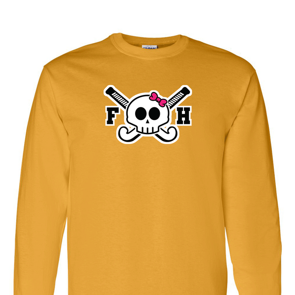 [[color:Gold]] Field Hockey Skull With Bow Long Sleeve T-shirt Gold