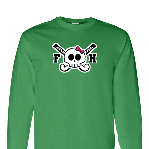 [[color:Irish Green]] Field Hockey Skull With Bow Long Sleeve T-shirt Irish Green