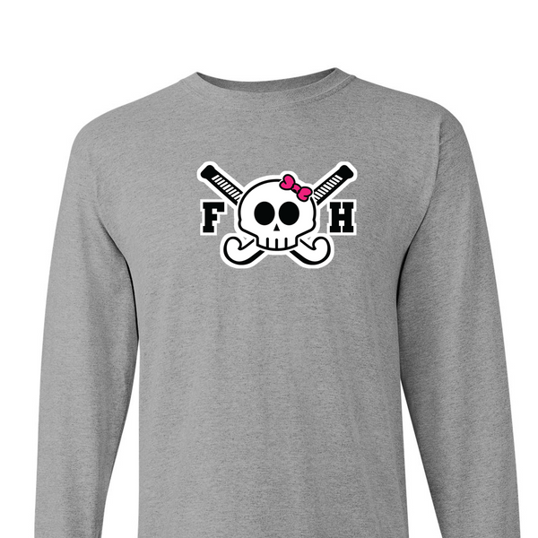 [[color:Sport Grey]] Field Hockey Skull With Bow Long Sleeve T-shirt Sport Grey
