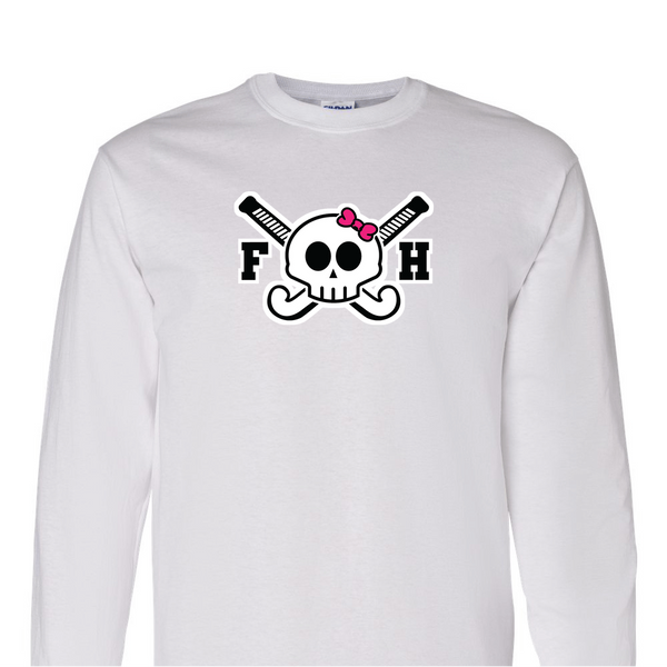 [[color:White]] Field Hockey Skull With Bow Long Sleeve T-shirt White