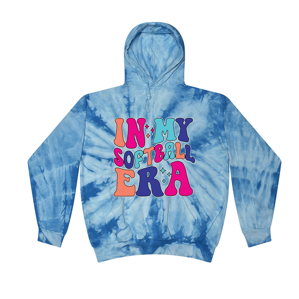 [[color:Spider Baby Blue]] In My Softball Era Tie Dye Hoodie Spider Baby Blue