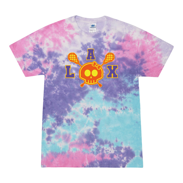 [[color:Cotton Candy]] Lax Skull With Bow Girls Lacrosse Tie Dye T-shirt Cotton Candy