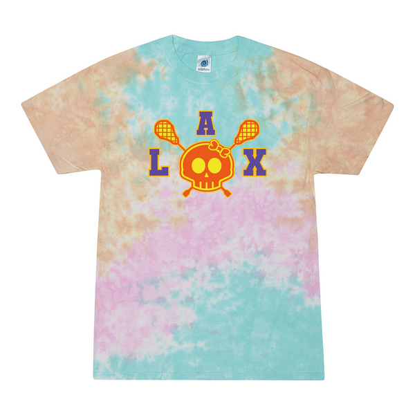 [[color:Snow Cone]] Lax Skull With Bow Girls Lacrosse Tie Dye T-shirt Snow Cone