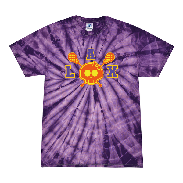 [[color:Spider Purple]] Lax Skull With Bow Girls Lacrosse Tie Dye T-shirt Spider Purple