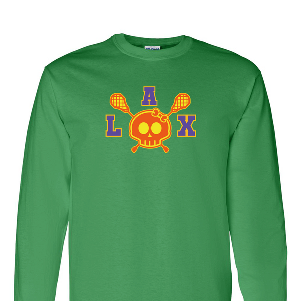 [[color:Irish Green]] Lax Skull With Bow Girls Lacrosse Long Sleeve T-shirt Irish Green