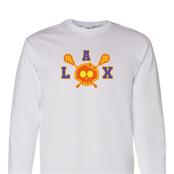 [[color:White]] Lax Skull With Bow Girls Lacrosse Long Sleeve T-shirt White
