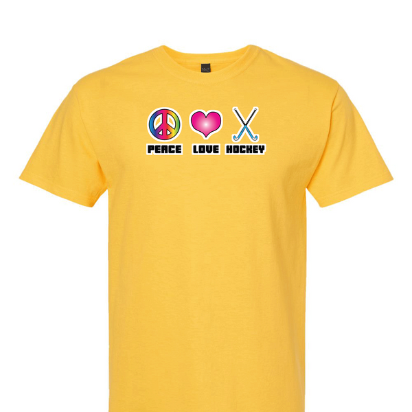 [[color:Daisy]] Peace Love Field Hockey Short Sleeve T-shirt Daisy