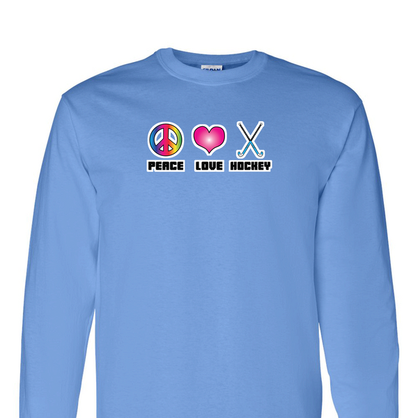 [[color:Carolina Blue]] Peace Love Field Hockey Long Sleeve T-shirt Carolina Blue