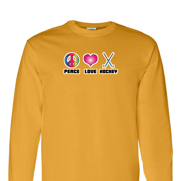 [[color:Gold]] Peace Love Field Hockey Long Sleeve T-shirt Gold