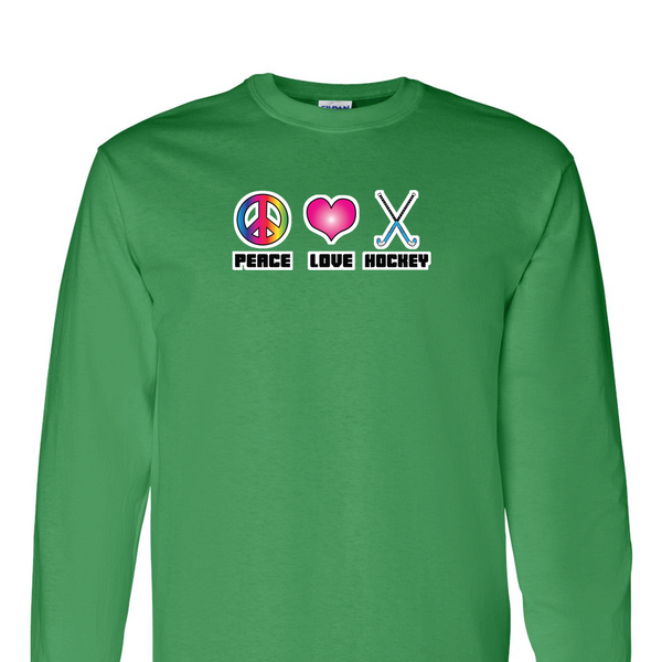 [[color:Irish Green]] Peace Love Field Hockey Long Sleeve T-shirt Irish Green