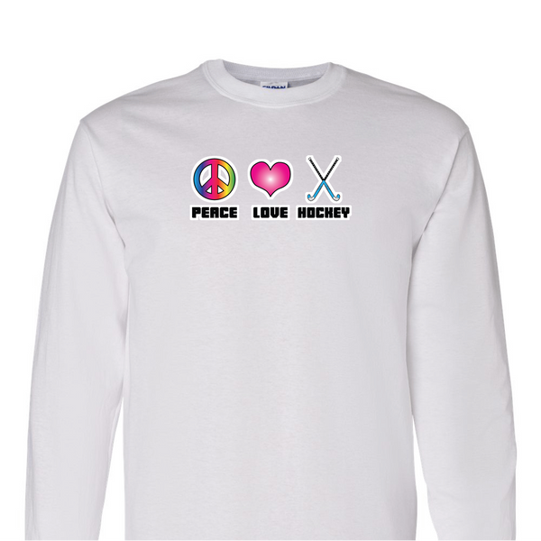[[color:White]] Peace Love Field Hockey Long Sleeve T-shirt White