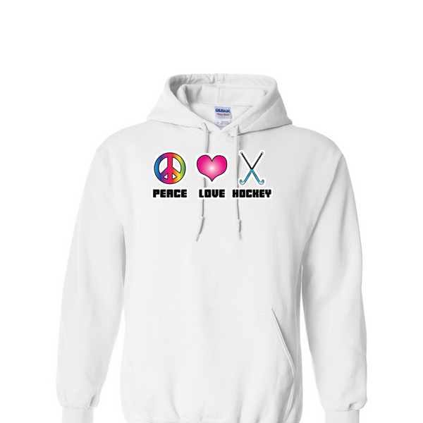 [[color:White]] Peace Love Field Hockey Hoodie White