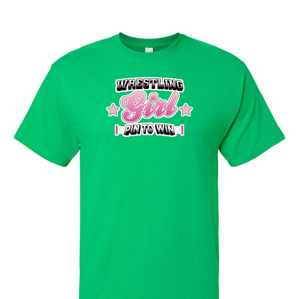 [[color:Irish Green]] Pin To Win Girls Wrestling Short Sleeve T-shirt Irish Green