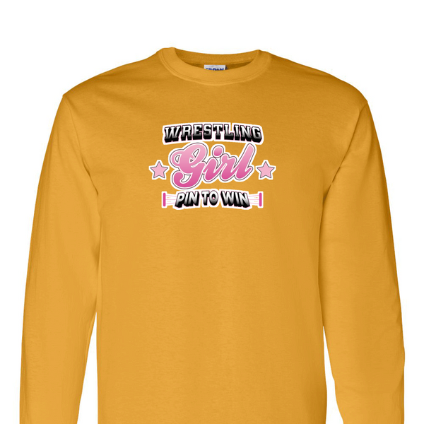 [[color:Gold]] Pin To Win Girls Wrestling Long Sleeve T-shirt Gold