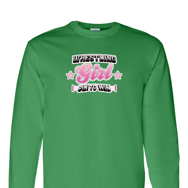 [[color:Irish Green]] Pin To Win Girls Wrestling Long Sleeve T-shirt Irish Green