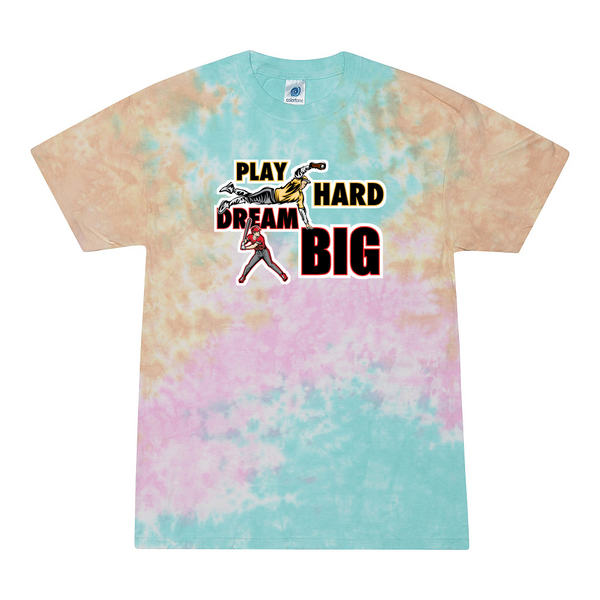 [[color:Snow Cone]] Play Hard Dream Big Baseball Tie Dye T-shirt Snow Cone