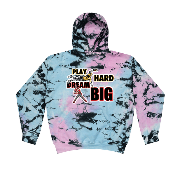 [[color:Dream]] Play Hard Dream Big Baseball Tie Dye Hoodie Dream