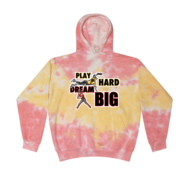 [[color:Funnel Cake]] Play Hard Dream Big Baseball Tie Dye Hoodie Funnel Cake
