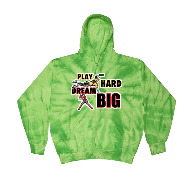 [[color:Spider Lime]] Play Hard Dream Big Baseball Tie Dye Hoodie Spider Lime