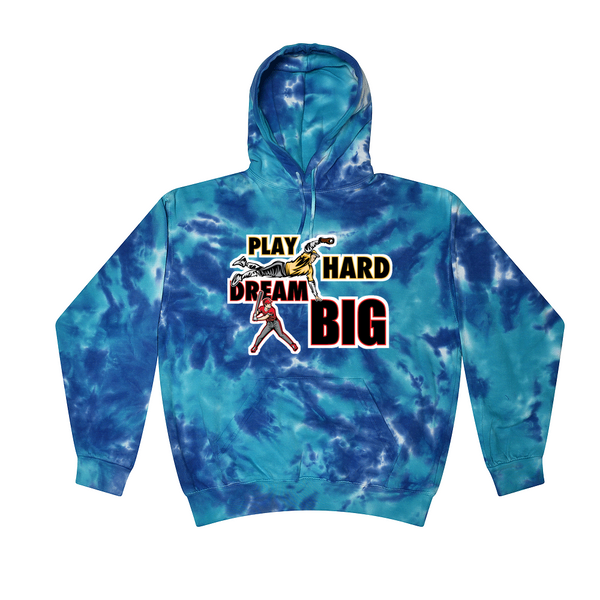 [[color:Multi-Blue]] Play Hard Dream Big Baseball Tie Dye Hoodie Multi-Blue