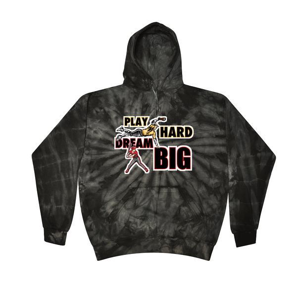 [[color:Spider Black]] Play Hard Dream Big Baseball Tie Dye Hoodie Spider Black