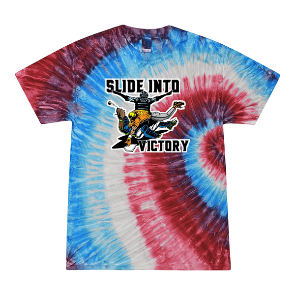 [[color:Firecracker]] Slide Into Victory Baseball Tie Dye T-shirt Firecracker