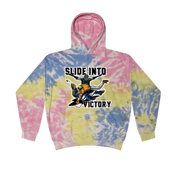 [[color:Sherbert]] Slide Into Victory Baseball Tie Dye Hoodie Sherbert