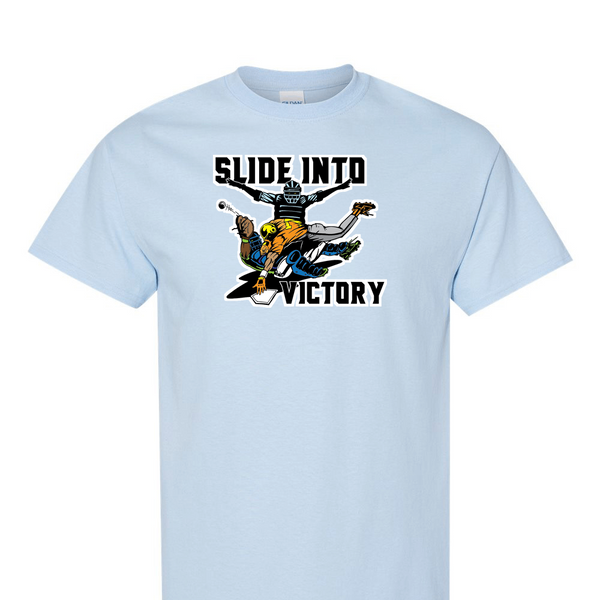 [[color:Light Blue]] Slide Into Victory Baseball Short Sleeve T-shirt Light Blue
