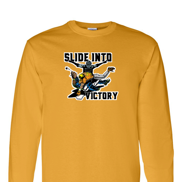 [[color:Gold]] Slide Into Victory Baseball Long Sleeve T-shirt Gold