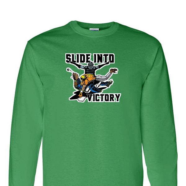 [[color:Irish Green]] Slide Into Victory Baseball Long Sleeve T-shirt Irish Green