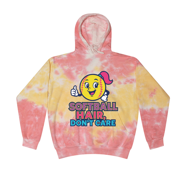 [[color:Funnel Cake]] Softball Hair Don't Care Tie Dye Hoodie Funnel Cake